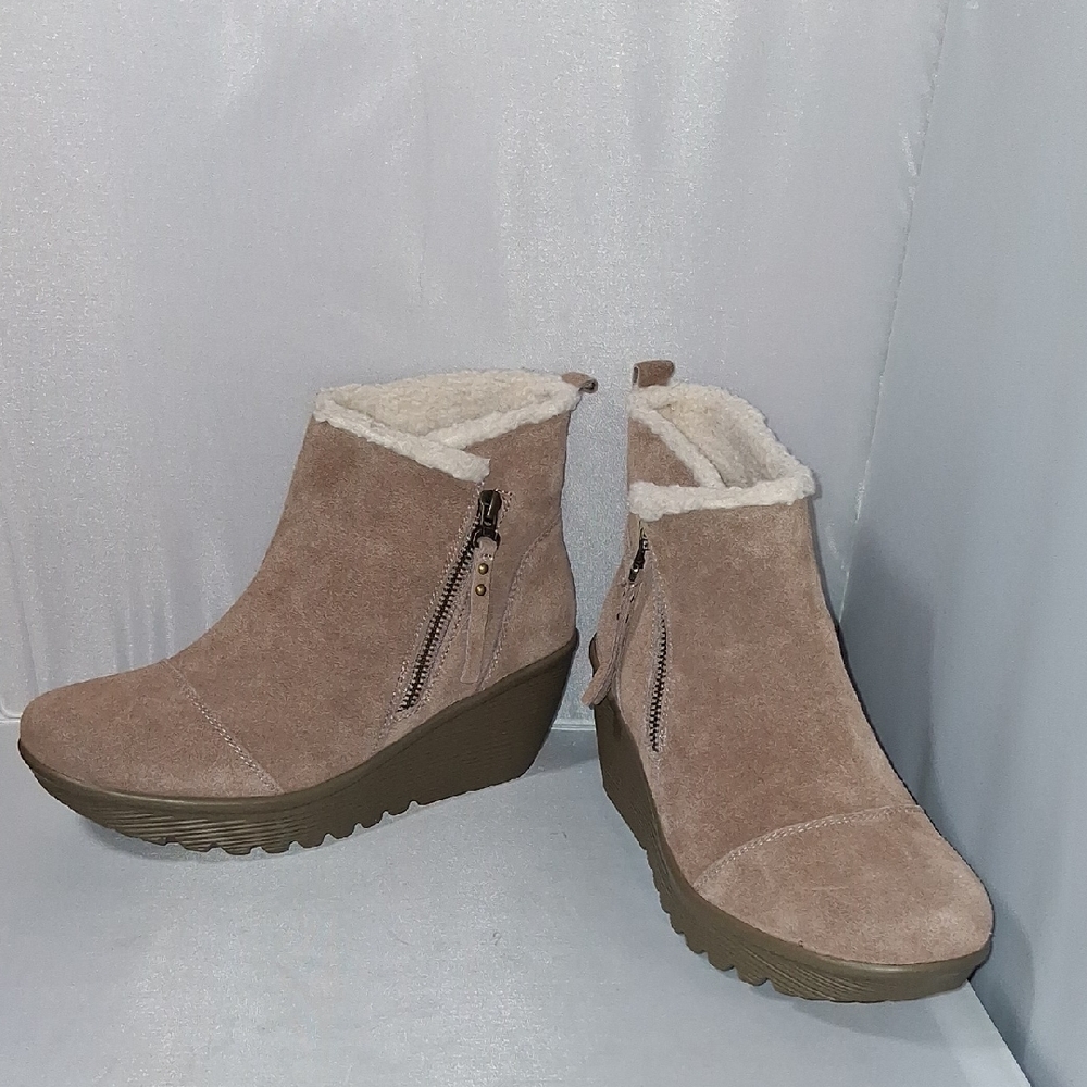 Skechers Light Brown Suede Wedge Booties with Faux Shearling Trim
